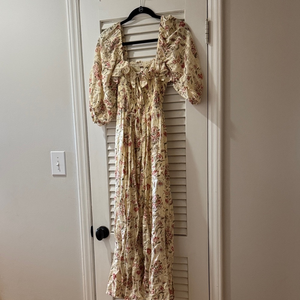 Free People Cream Floral Puff-Sleeve Maxi Dress with Pink Accents